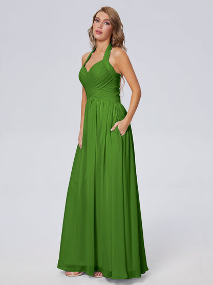 Amaya Pretty Halter Chiffon Long Bridesmaid Dresses