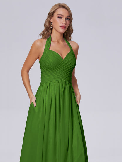 Amaya Pretty Halter Chiffon Long Bridesmaid Dresses