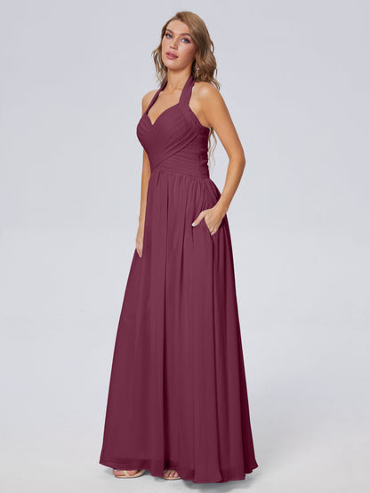 Amaya Pretty Halter Chiffon Long Bridesmaid Dresses