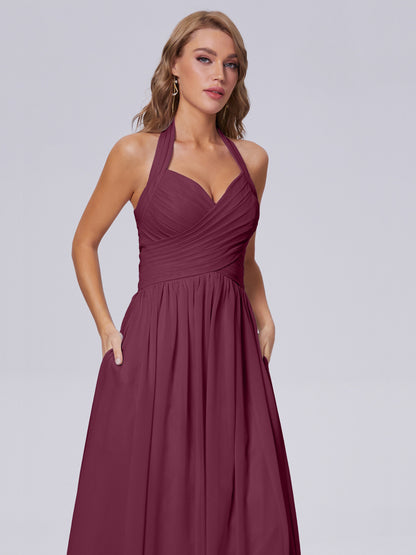 Amaya Pretty Halter Chiffon Long Bridesmaid Dresses