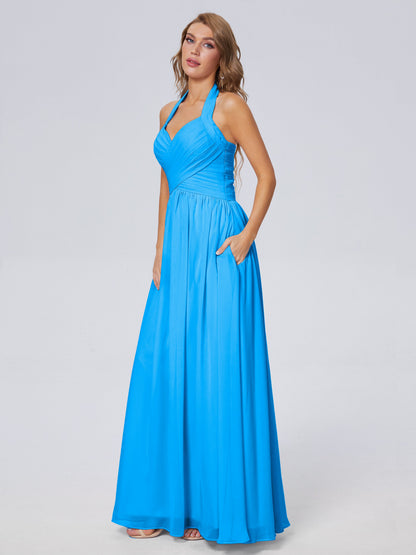 Amaya Pretty Halter Chiffon Long Bridesmaid Dresses