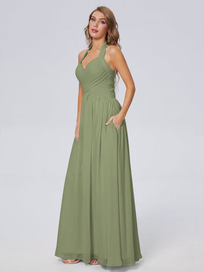 Amaya Pretty Halter Chiffon Long Bridesmaid Dresses