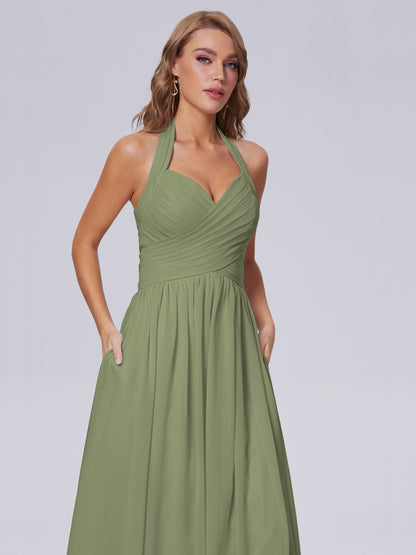 Amaya Pretty Halter Chiffon Long Bridesmaid Dresses