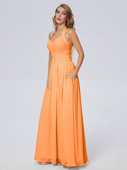 Amaya Pretty Halter Chiffon Long Bridesmaid Dresses