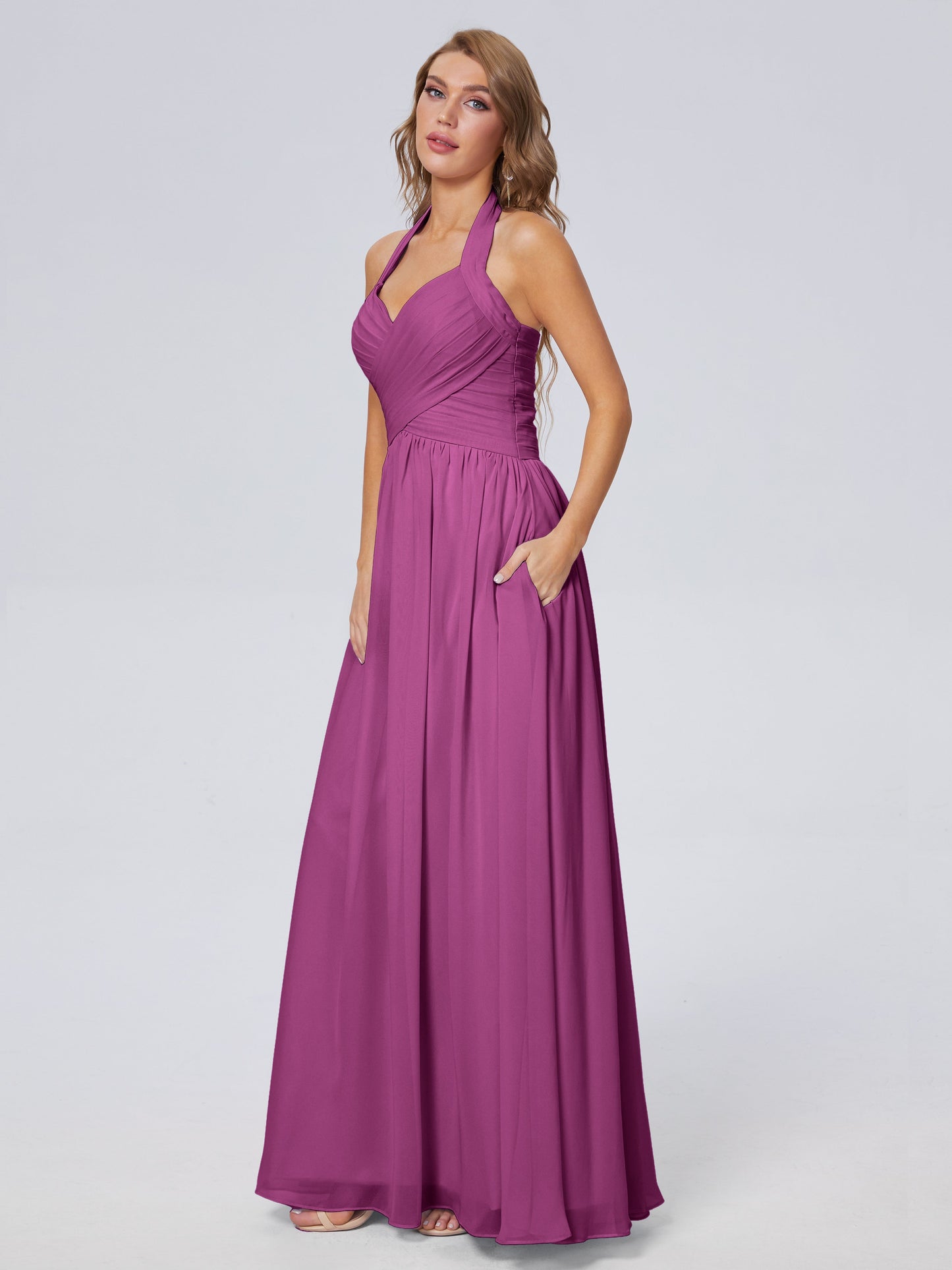 Amaya Pretty Halter Chiffon Long Bridesmaid Dresses