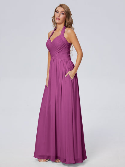Amaya Pretty Halter Chiffon Long Bridesmaid Dresses