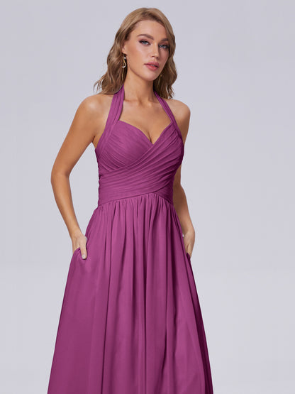 Amaya Pretty Halter Chiffon Long Bridesmaid Dresses