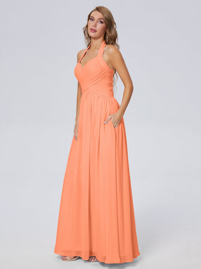 Amaya Pretty Halter Chiffon Long Bridesmaid Dresses