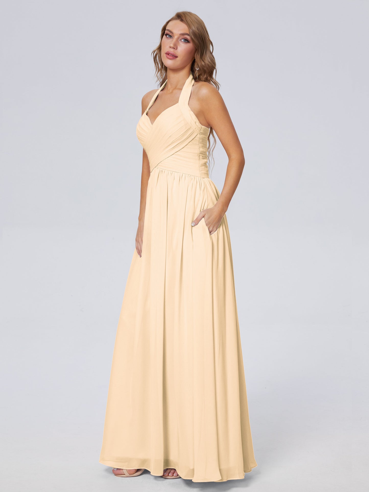 Amaya Pretty Halter Chiffon Long Bridesmaid Dresses