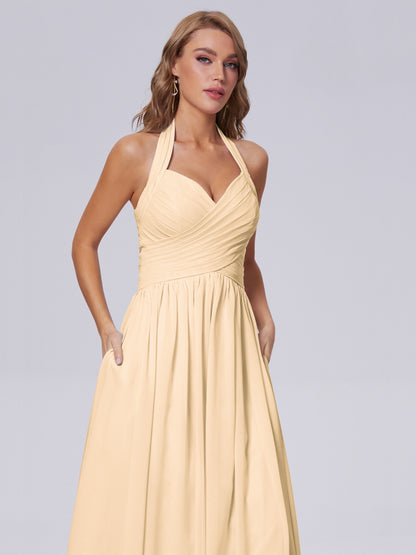 Amaya Pretty Halter Chiffon Long Bridesmaid Dresses