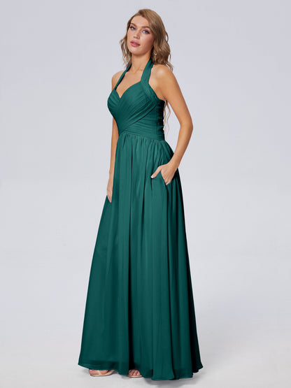 Amaya Pretty Halter Chiffon Long Bridesmaid Dresses
