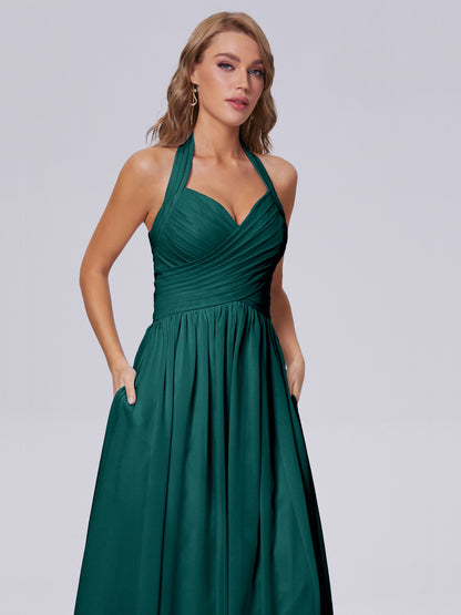 Amaya Pretty Halter Chiffon Long Bridesmaid Dresses