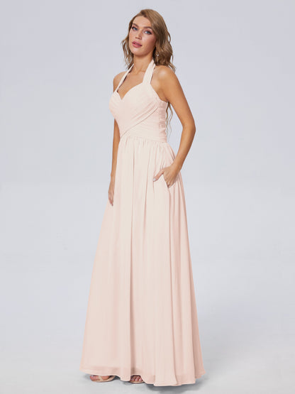 Amaya Pretty Halter Chiffon Long Bridesmaid Dresses