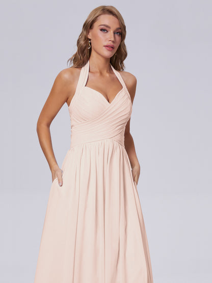 Amaya Pretty Halter Chiffon Long Bridesmaid Dresses