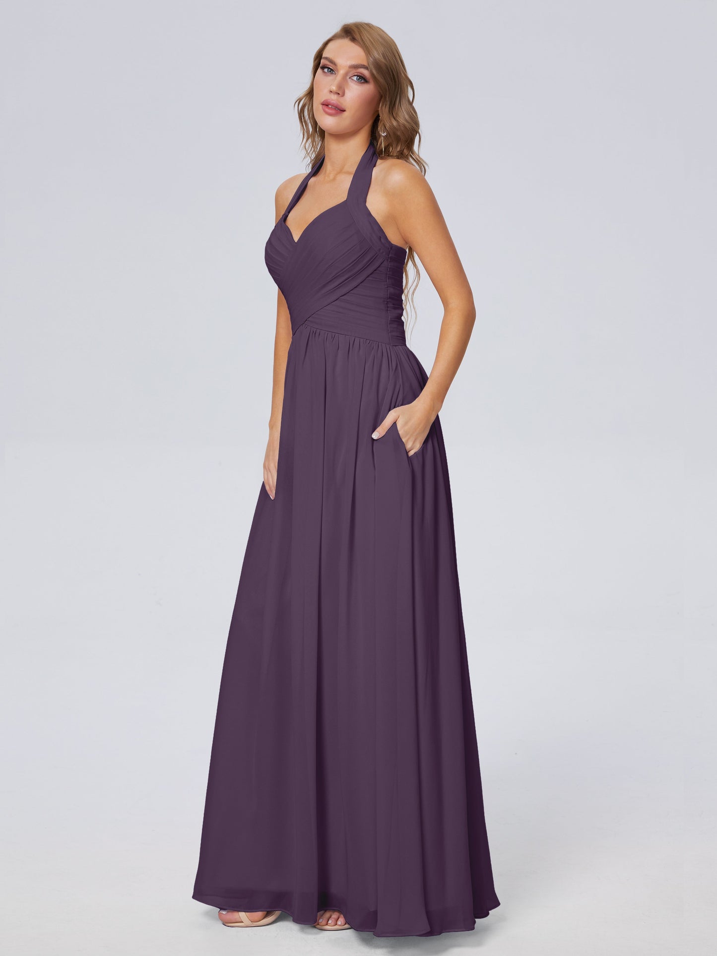 Amaya Pretty Halter Chiffon Long Bridesmaid Dresses