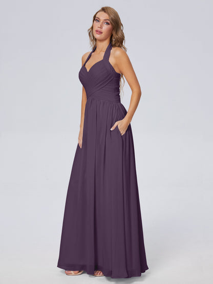 Amaya Pretty Halter Chiffon Long Bridesmaid Dresses