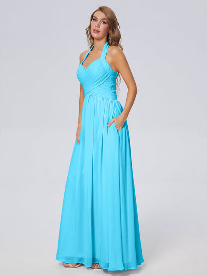 Amaya Pretty Halter Chiffon Long Bridesmaid Dresses