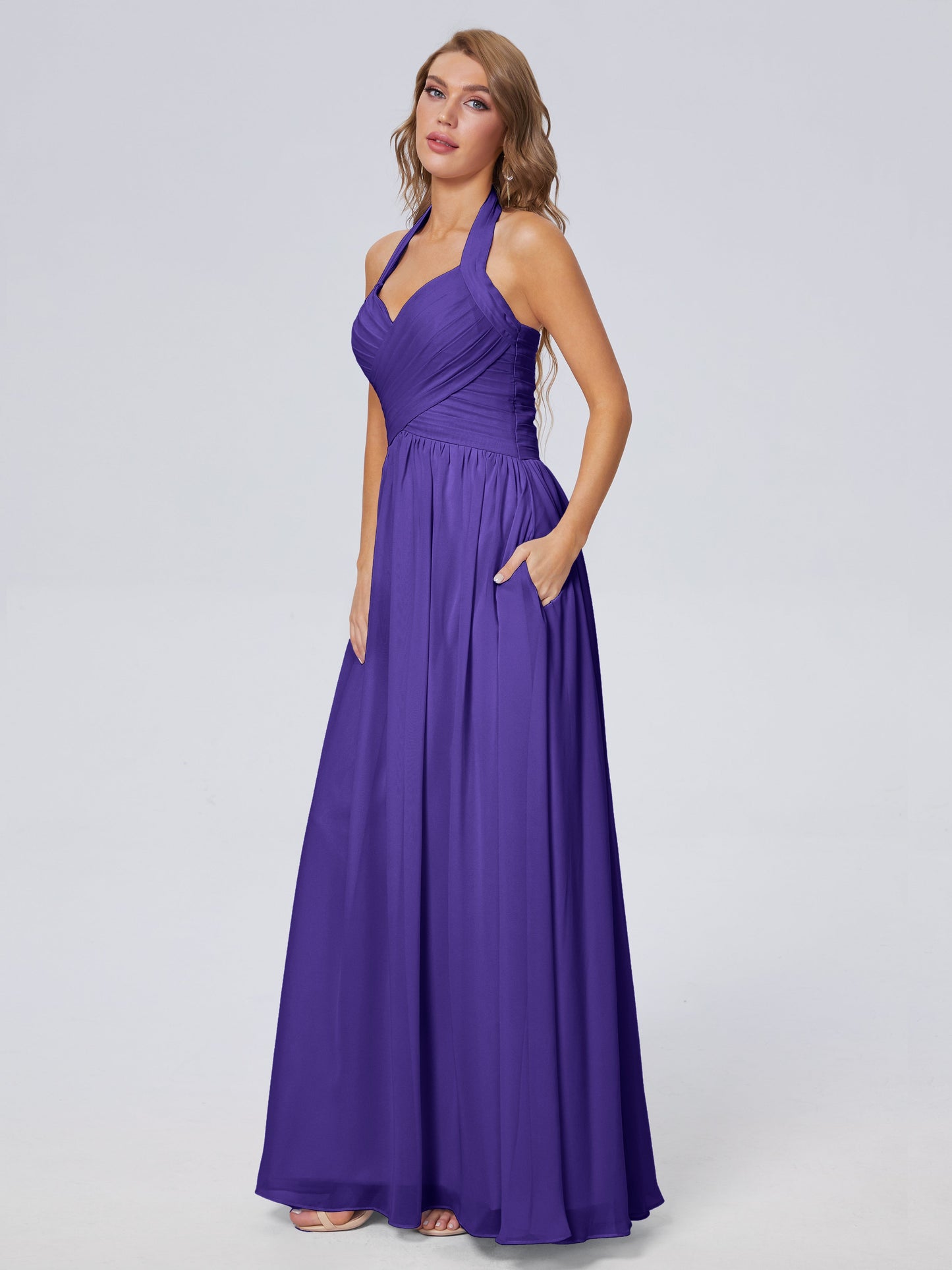 Amaya Pretty Halter Chiffon Long Bridesmaid Dresses