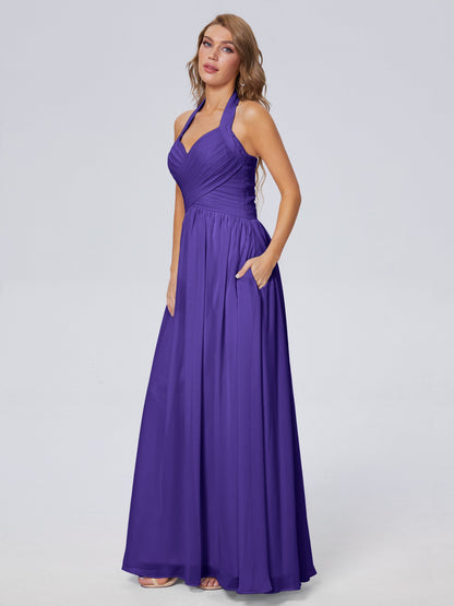 Amaya Pretty Halter Chiffon Long Bridesmaid Dresses
