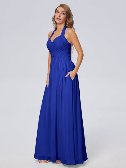 Amaya Pretty Halter Chiffon Long Bridesmaid Dresses