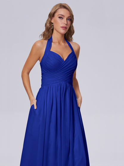 Amaya Pretty Halter Chiffon Long Bridesmaid Dresses