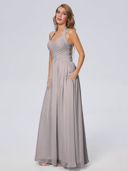 Amaya Pretty Halter Chiffon Long Bridesmaid Dresses
