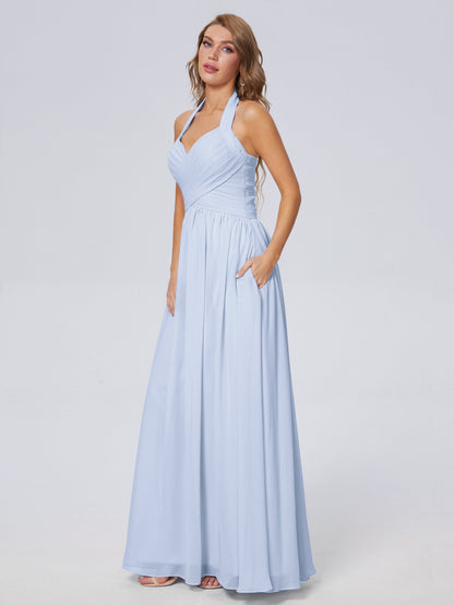 Amaya Pretty Halter Chiffon Long Bridesmaid Dresses