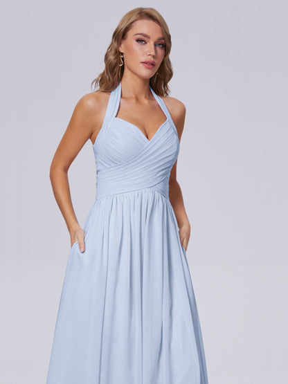 Amaya Pretty Halter Chiffon Long Bridesmaid Dresses