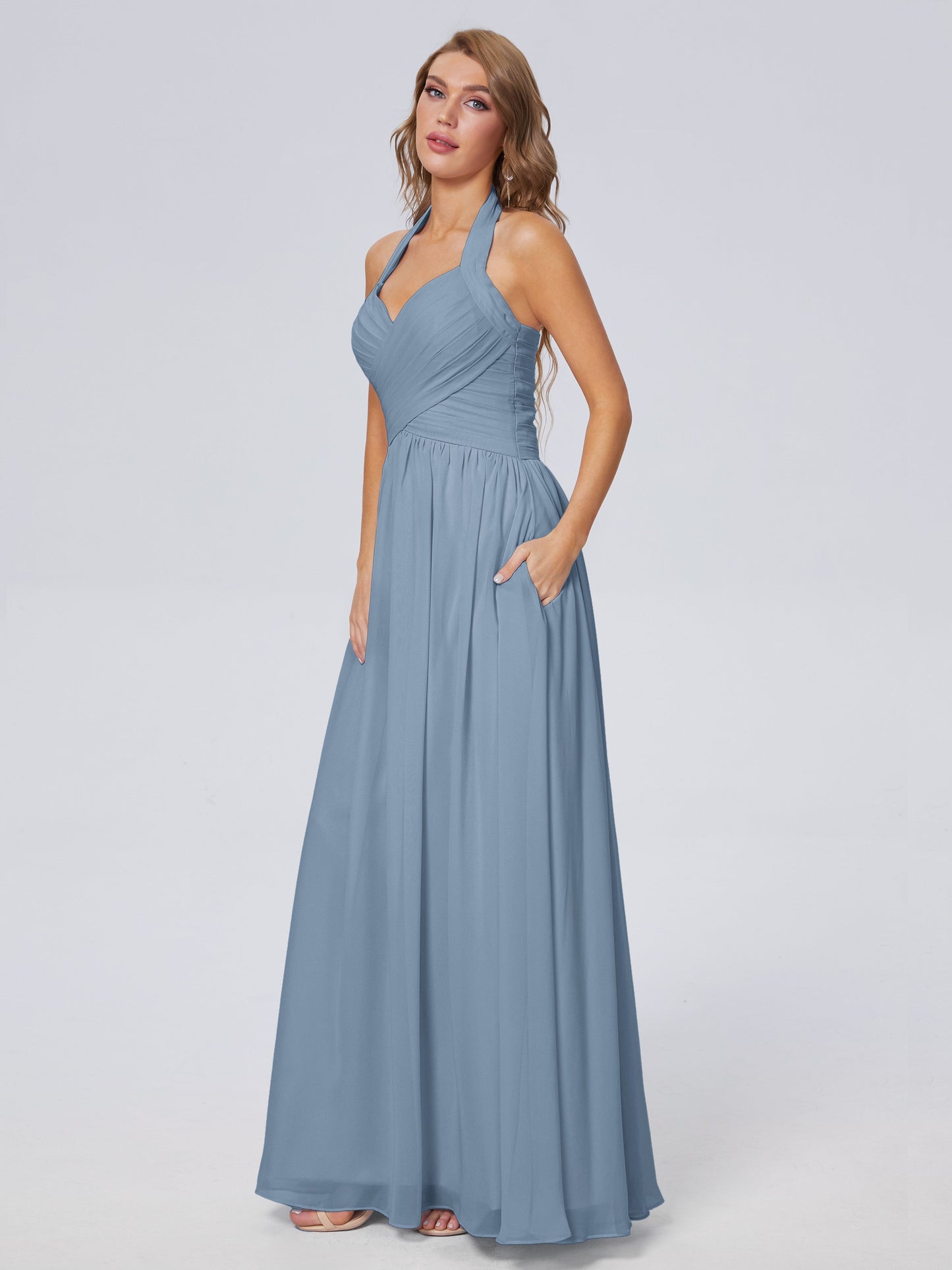 Amaya Pretty Halter Chiffon Long Bridesmaid Dresses