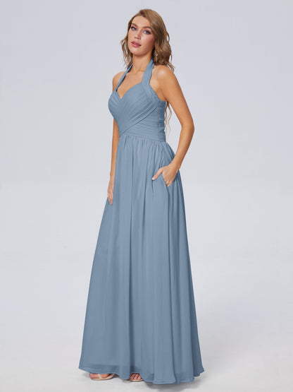 Amaya Pretty Halter Chiffon Long Bridesmaid Dresses