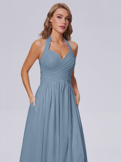Amaya Pretty Halter Chiffon Long Bridesmaid Dresses
