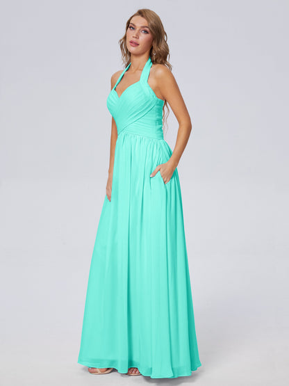 Amaya Pretty Halter Chiffon Long Bridesmaid Dresses