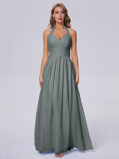 Amaya Pretty Halter Chiffon Long Bridesmaid Dresses