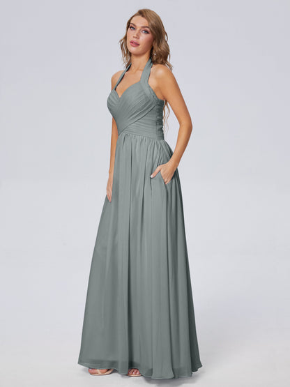 Amaya Pretty Halter Chiffon Long Bridesmaid Dresses