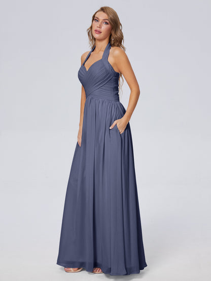 Amaya Pretty Halter Chiffon Long Bridesmaid Dresses