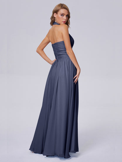 Amaya Pretty Halter Chiffon Long Bridesmaid Dresses