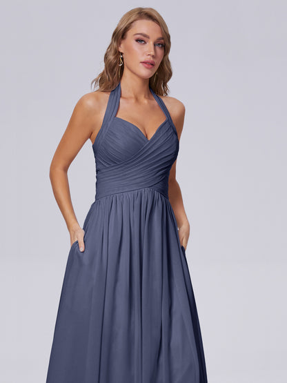 Amaya Pretty Halter Chiffon Long Bridesmaid Dresses