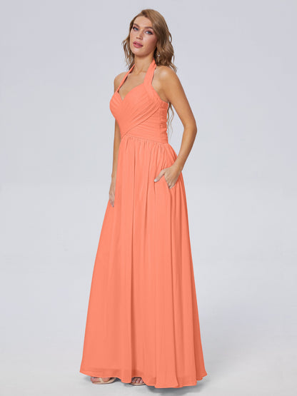 Amaya Pretty Halter Chiffon Long Bridesmaid Dresses