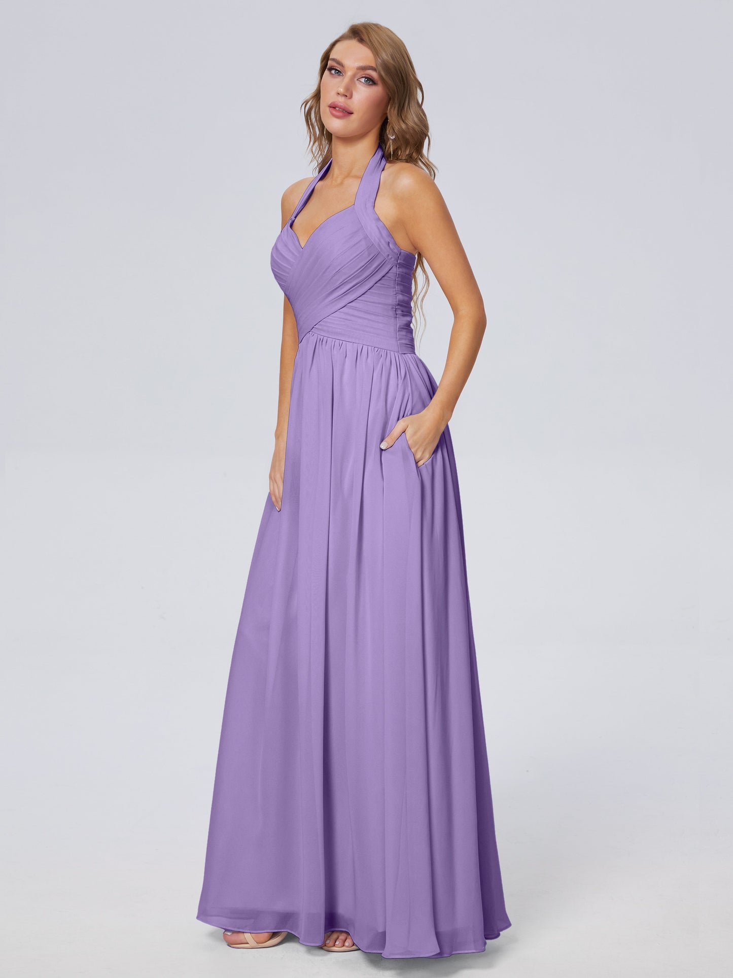 Amaya Pretty Halter Chiffon Long Bridesmaid Dresses