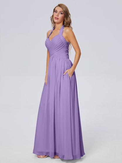 Amaya Pretty Halter Chiffon Long Bridesmaid Dresses