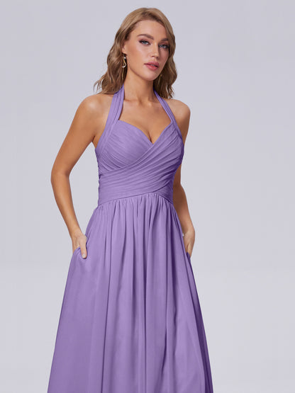 Amaya Pretty Halter Chiffon Long Bridesmaid Dresses