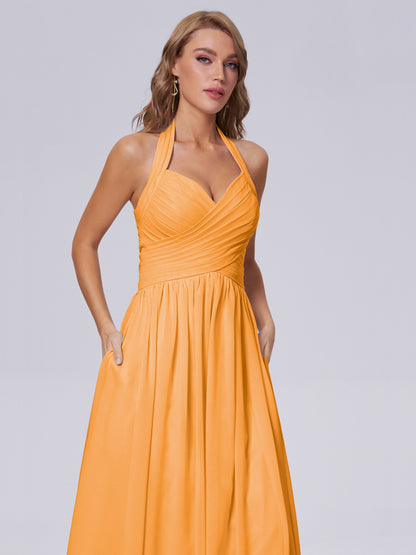 Amaya Pretty Halter Chiffon Long Bridesmaid Dresses