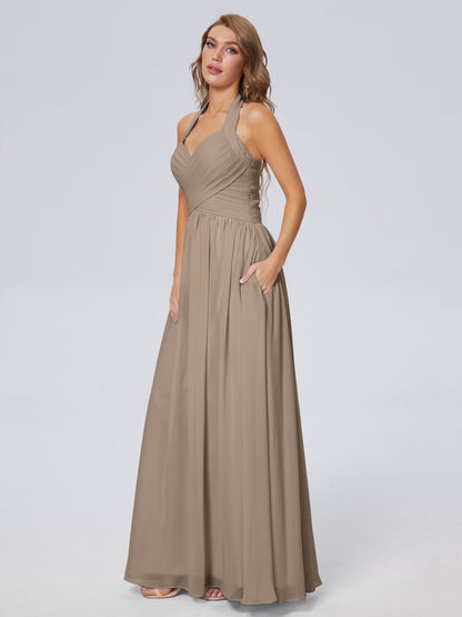 Amaya Pretty Halter Chiffon Long Bridesmaid Dresses