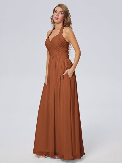 Amaya Pretty Halter Chiffon Long Bridesmaid Dresses