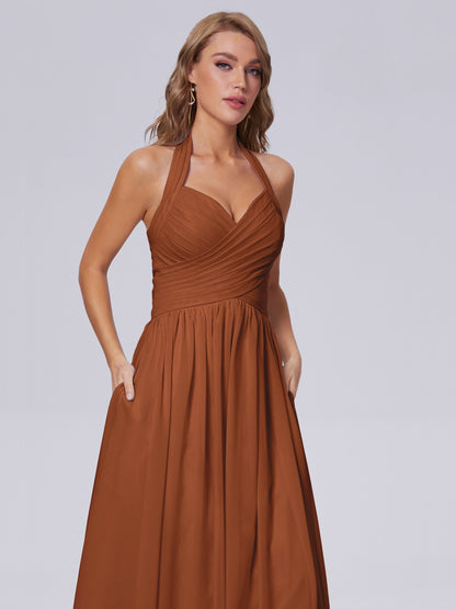 Amaya Pretty Halter Chiffon Long Bridesmaid Dresses