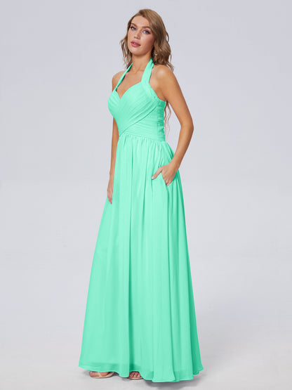 Amaya Pretty Halter Chiffon Long Bridesmaid Dresses