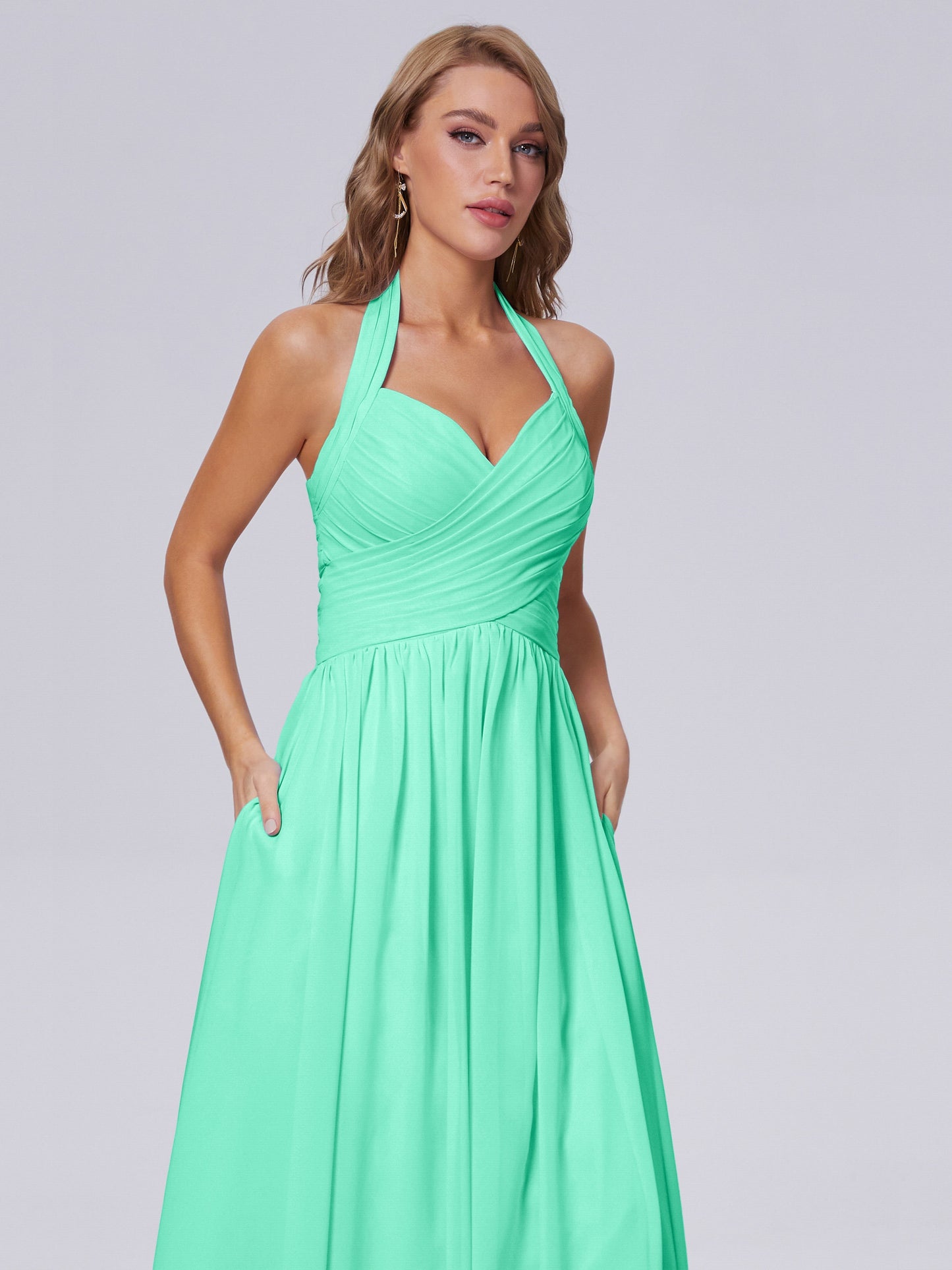 Amaya Pretty Halter Chiffon Long Bridesmaid Dresses