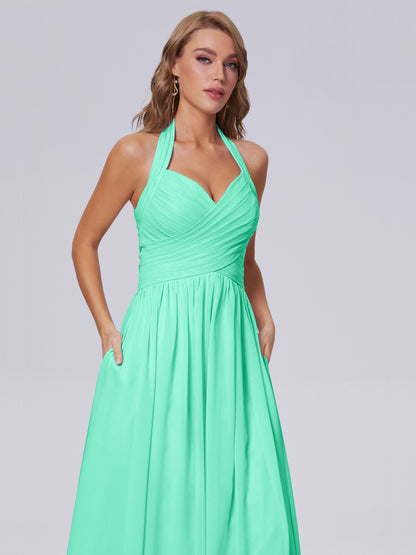 Amaya Pretty Halter Chiffon Long Bridesmaid Dresses