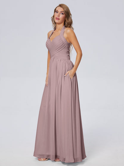 Amaya Pretty Halter Chiffon Long Bridesmaid Dresses