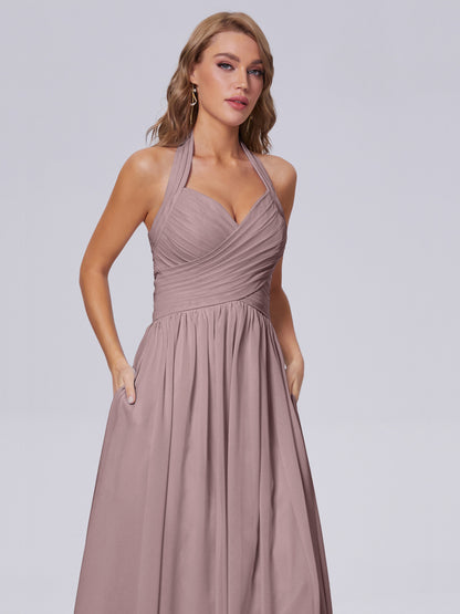 Amaya Pretty Halter Chiffon Long Bridesmaid Dresses